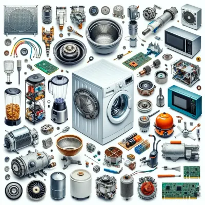 Dall e 2023 11 11 17 46 01 a collage of various appliance parts spread out on a white background the parts include a washing machine drum refrigerator compressor blender blad resul